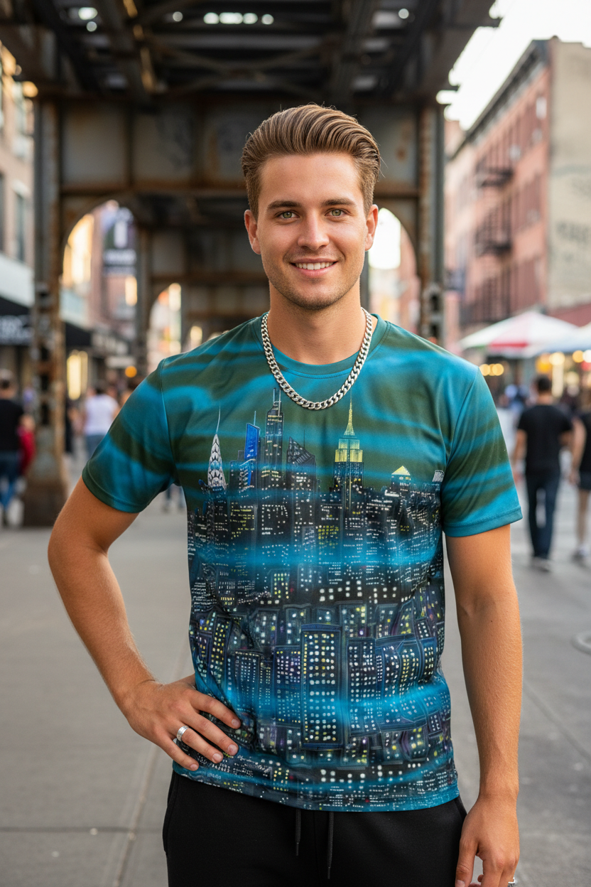 Man wearing a t-shirt with a cityscape Loria NYC Art design on a street.