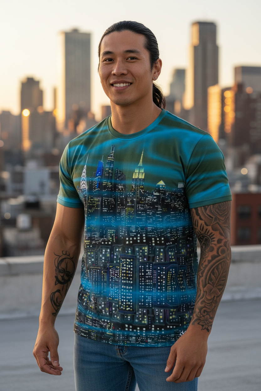 Man wearing a blue and green t-shirt with a cityscape Loria NYC Art design, standing on a rooftop with a city skyline in the background.