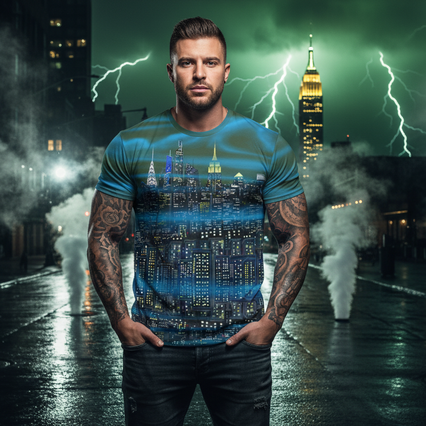 Man wearing a t-shirt with a Loria NYC Art cityscape design in front of a stormy city backdrop