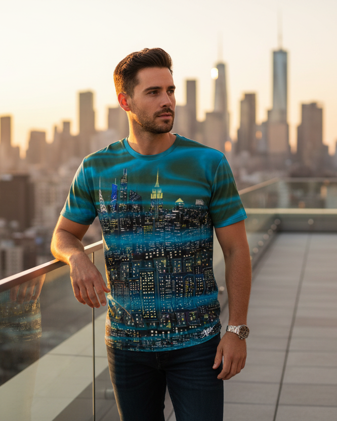 Man wearing a blue patterned Loria NYC Art shirt standing on a rooftop with a city skyline in the background