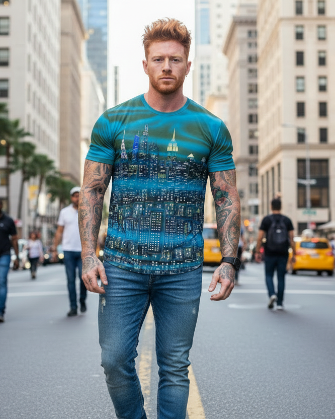 Man walking on a city street wearing a green blue Loria NYC Art t-shirt and jeans.