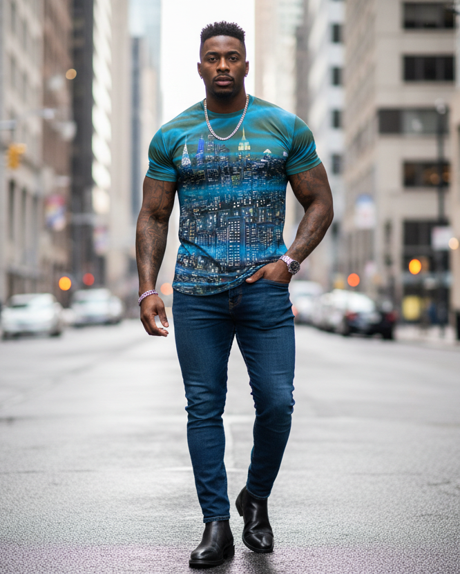 Front view of man in a blue green Loria NYC Art shirt and jeans standing on a city street with tall buildings in the background.