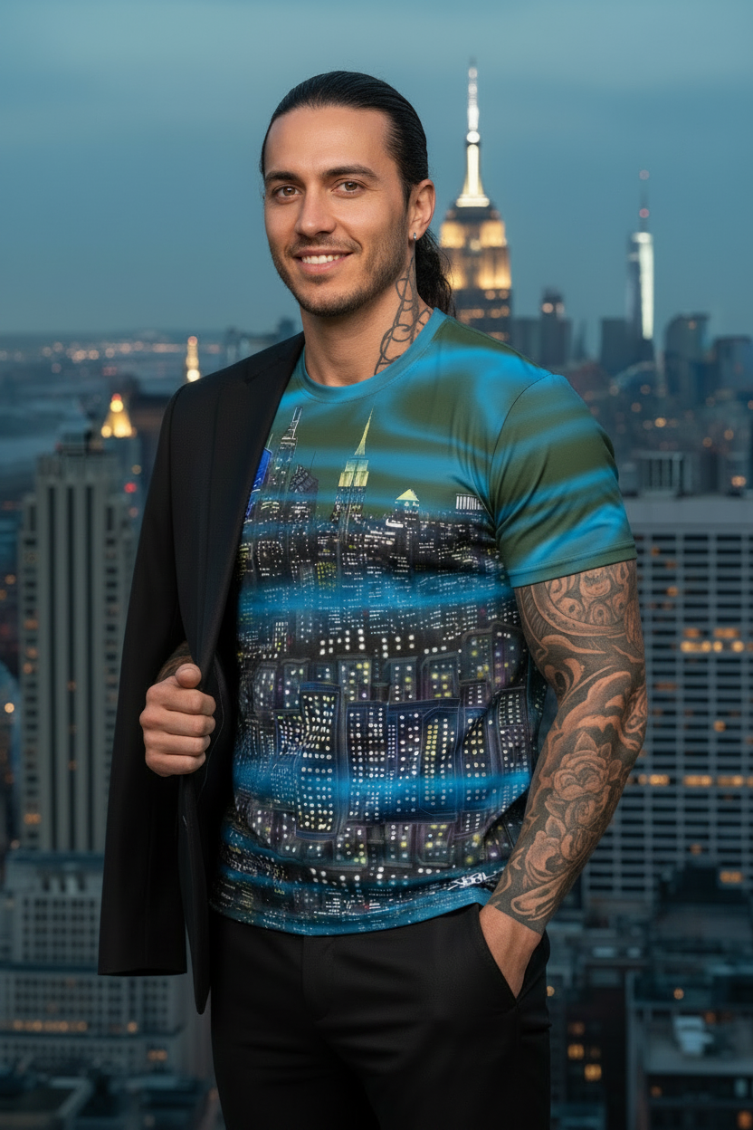 Man wearing a blue t-shirt with Loria NYC Art cityscape design against a city skyline at night.