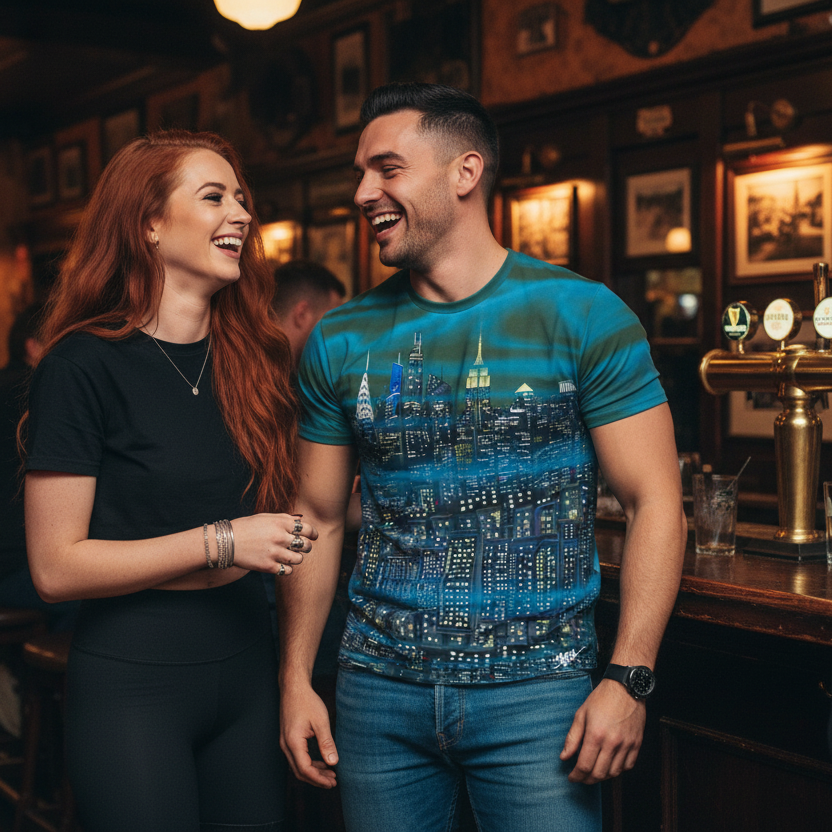 Man wearing a Loria NYC Art tee shirt with female standing in a pub, smiling and looking at each other.