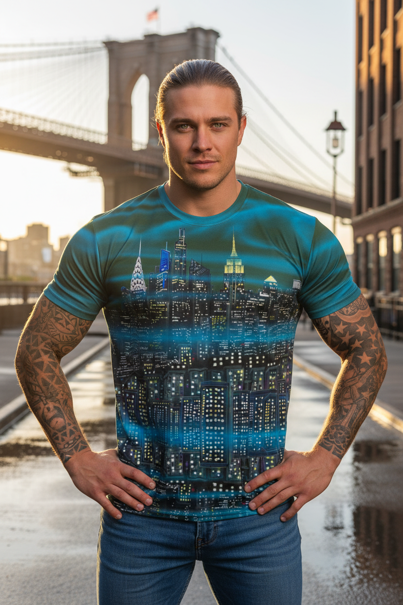 Front view of man in a green Loria NYC Art shirt and jeans standing on a city street with bridge in the background.