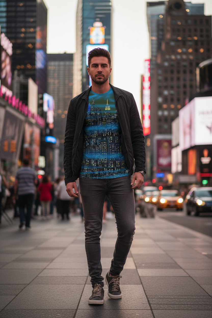 Man wearing a green Loria NYC Art shirt standing in a busy city street with tall buildings and advertisements in the background