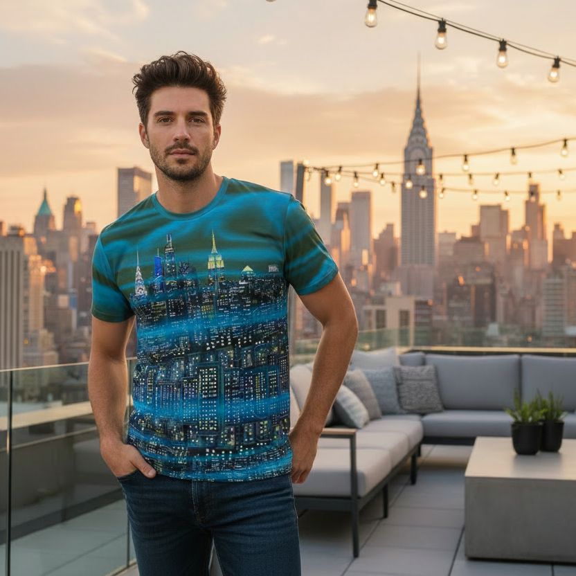 Man standing on a rooftop wearing a Loria NYC Art cityscape shirt with skyline in the background