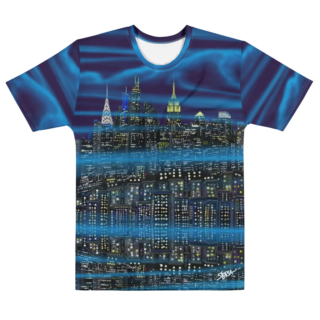 T-shirt with a cityscape Loria NYC Art design on a white background