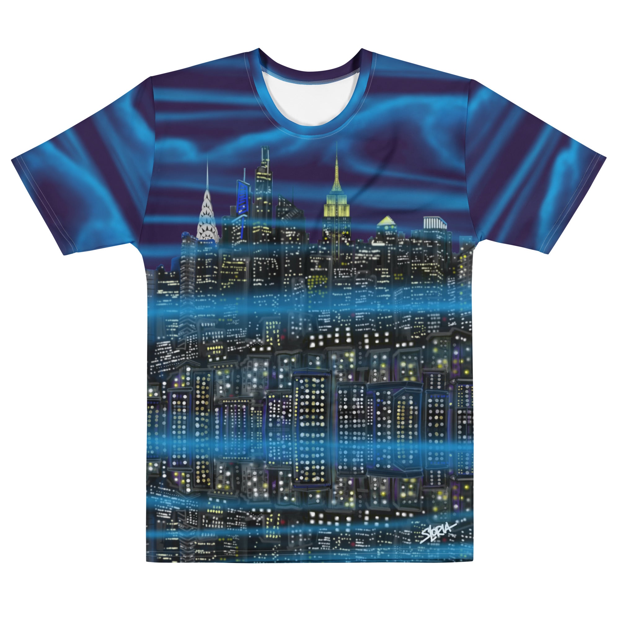 T-shirt with a cityscape Loria NYC Art design on a white background