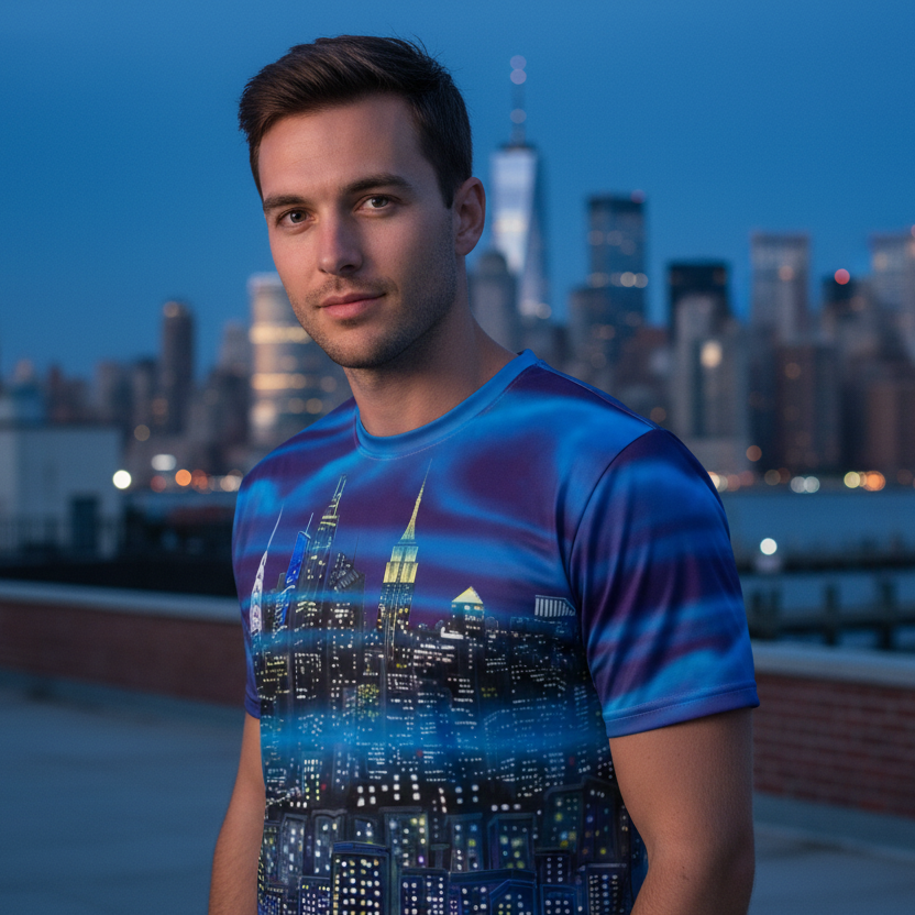 Man wearing a Loria NYC Art blue t-shirt with a cityscape design, standing on a rooftop with a city skyline in the background.
