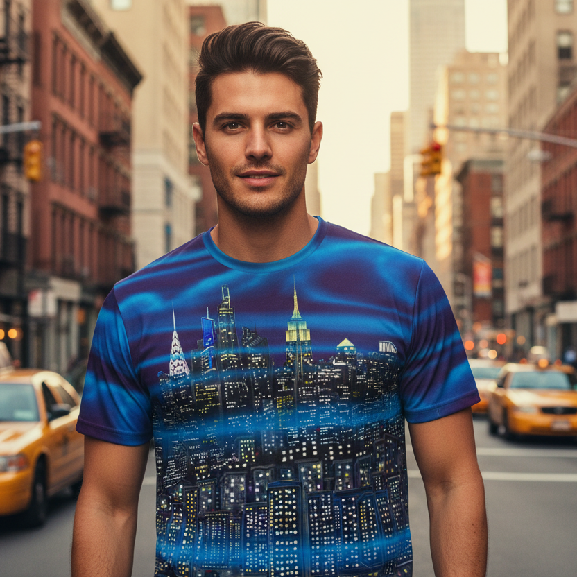 Man wearing a Loria NYC Art blue t-shirt with a cityscape design on a city street.
