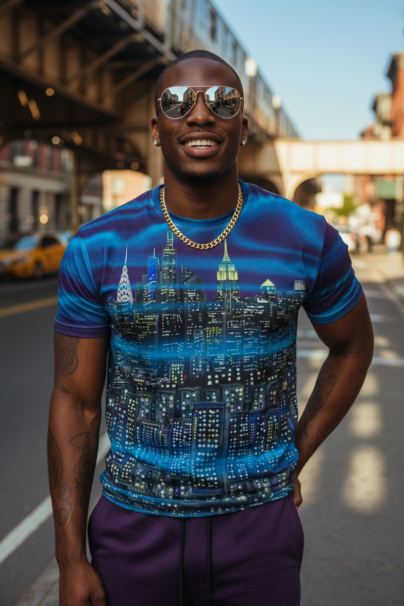 Man wearing a blue t-shirt with a cityscape Loria NYC Art design on a street.