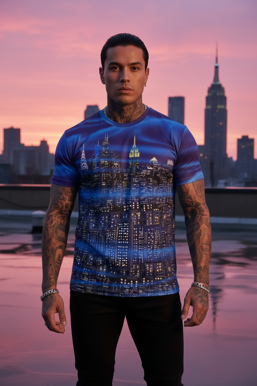 Person wearing a purple Loria NYC Art t-shirt with a cityscape design against a city skyline at sunset