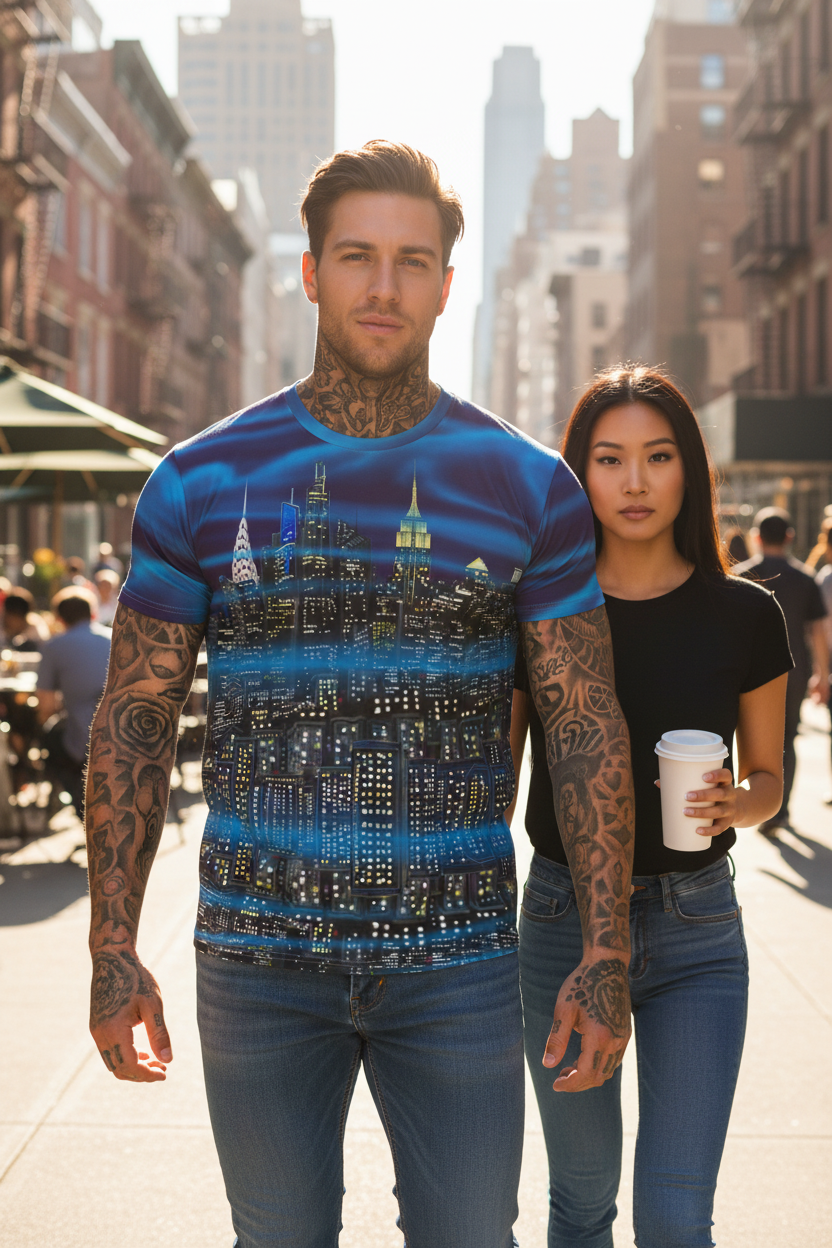 Man wearing a blue graphic t-shirt with a cityscape Loria NYC Art design, standing on a city street with a woman holding a coffee.