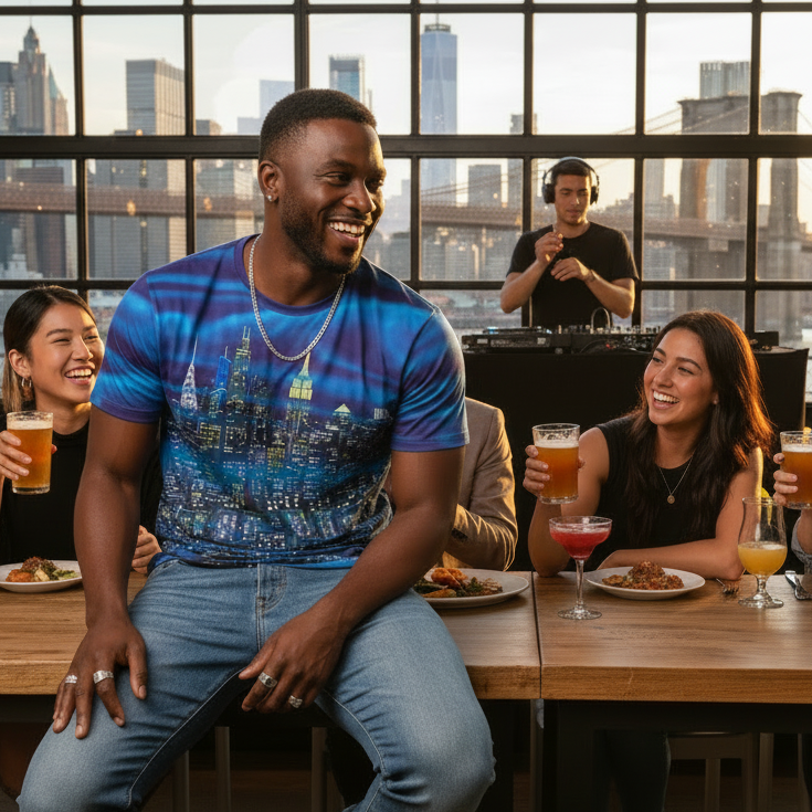 Man wearing a colorful Loria NYC Art shirt friends enjoying drinks together with a cityscape view in the background