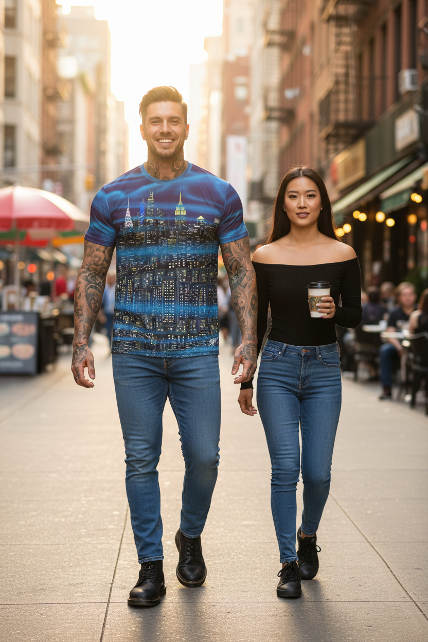 Man wearing a purple Loria NYC Art tee and woman walking on a city street, both wearing blue jeans.