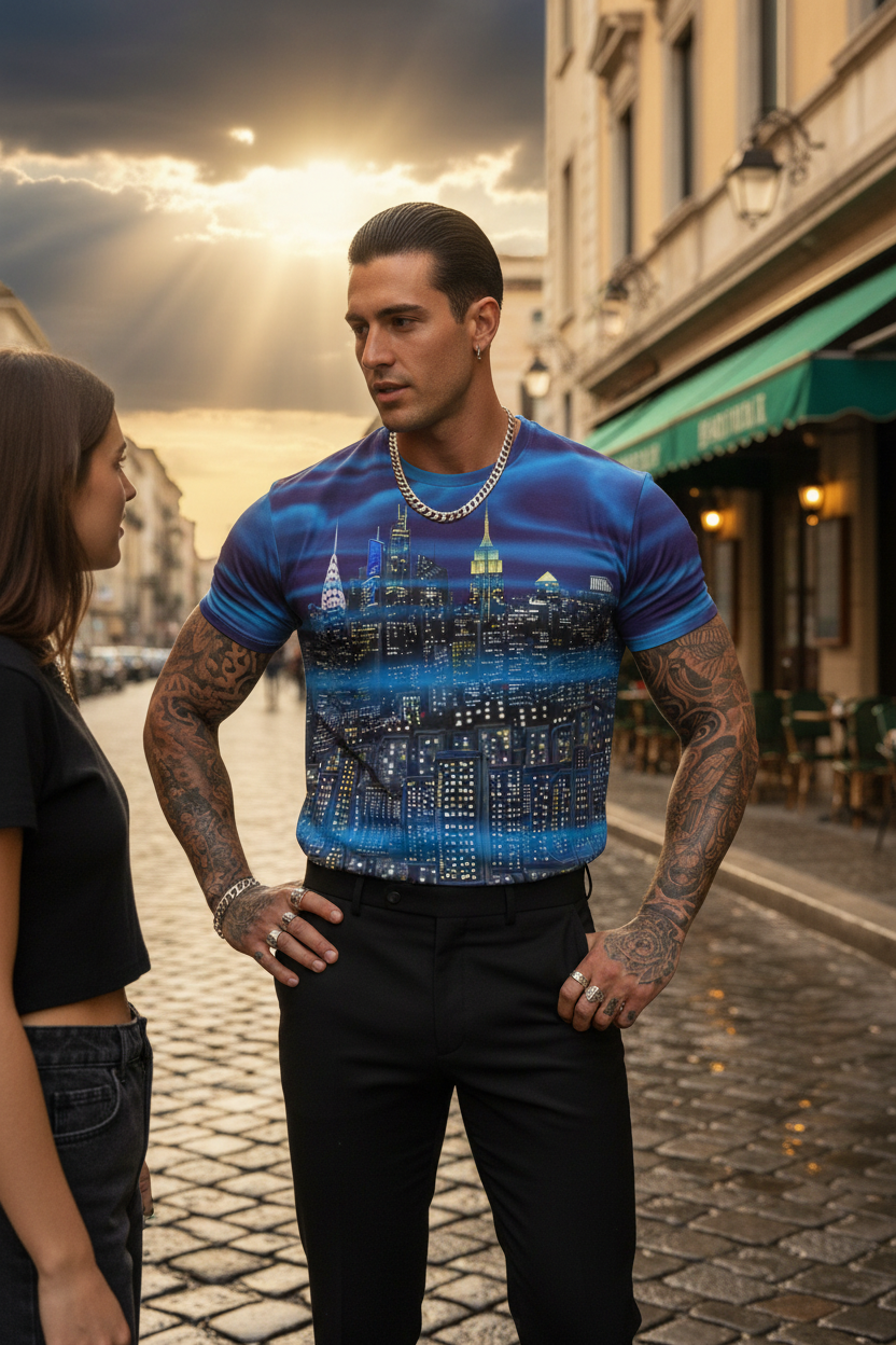 Men's T-Shirt - Siluetta Città Viola Blu - Loria NYC Art
