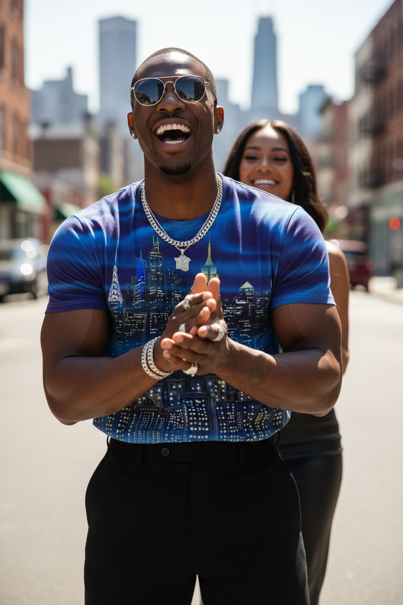 Man in a blue Loria NYC ART graphic t-shirt and sunglasses clapping on a city street with a woman behind him.