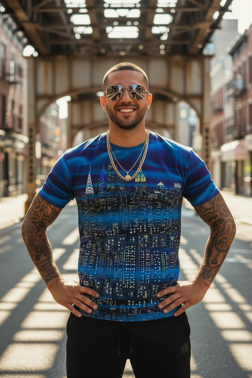 Man wearing a blue Loria NYC Art graphic t-shirt with cityscape design in an urban setting