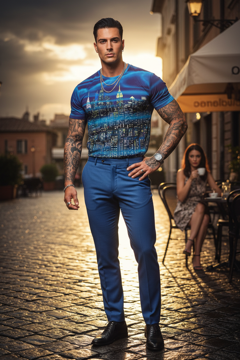 Men's T-Shirt - Siluetta Città Viola Blu - Loria NYC Art