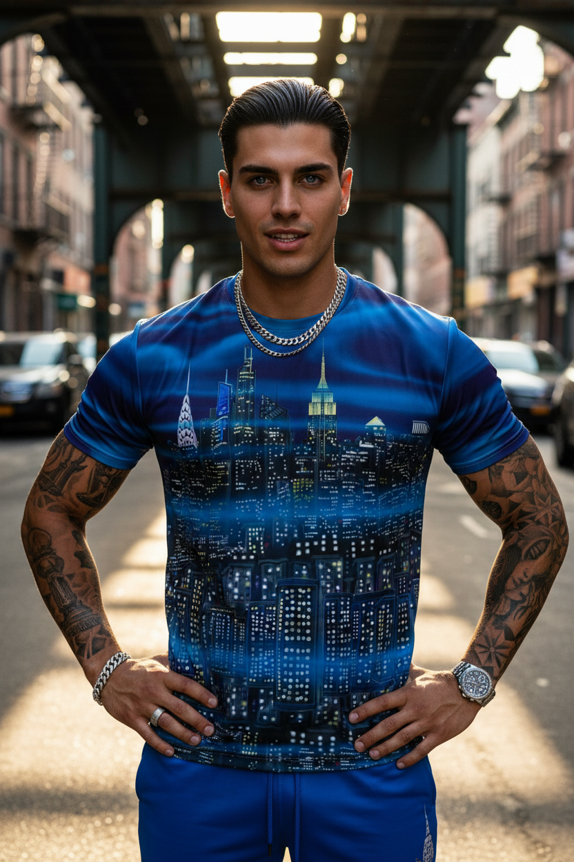 Man wearing a Loria NYC Art blue t-shirt with a cityscape design on a street.