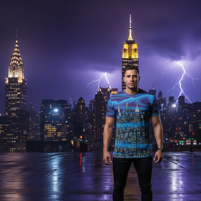 Man wearing a blue Loria NYC Art graphic t-shirt standing in front of the Empire State Building with lightning strikes in the background 