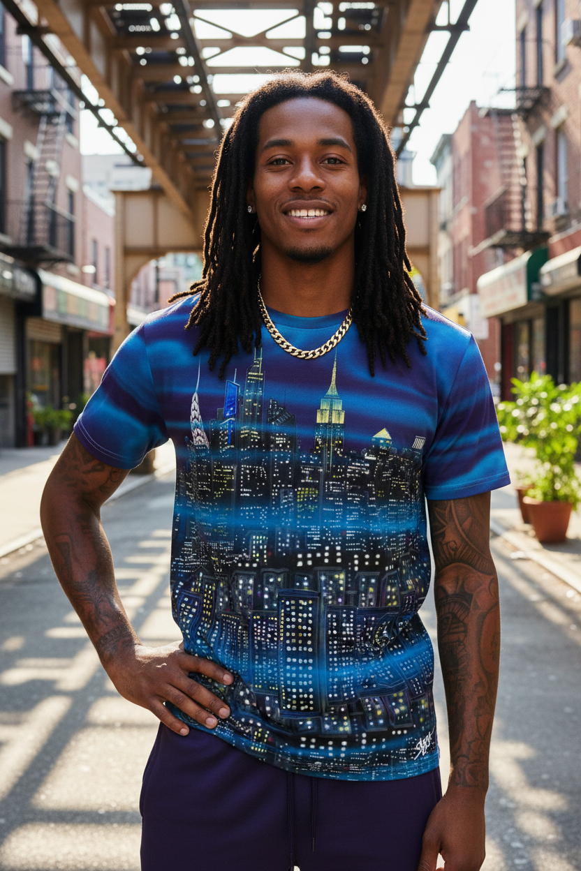 Man wearing a Loria NYC Art blue t-shirt with a cityscape design on a street.