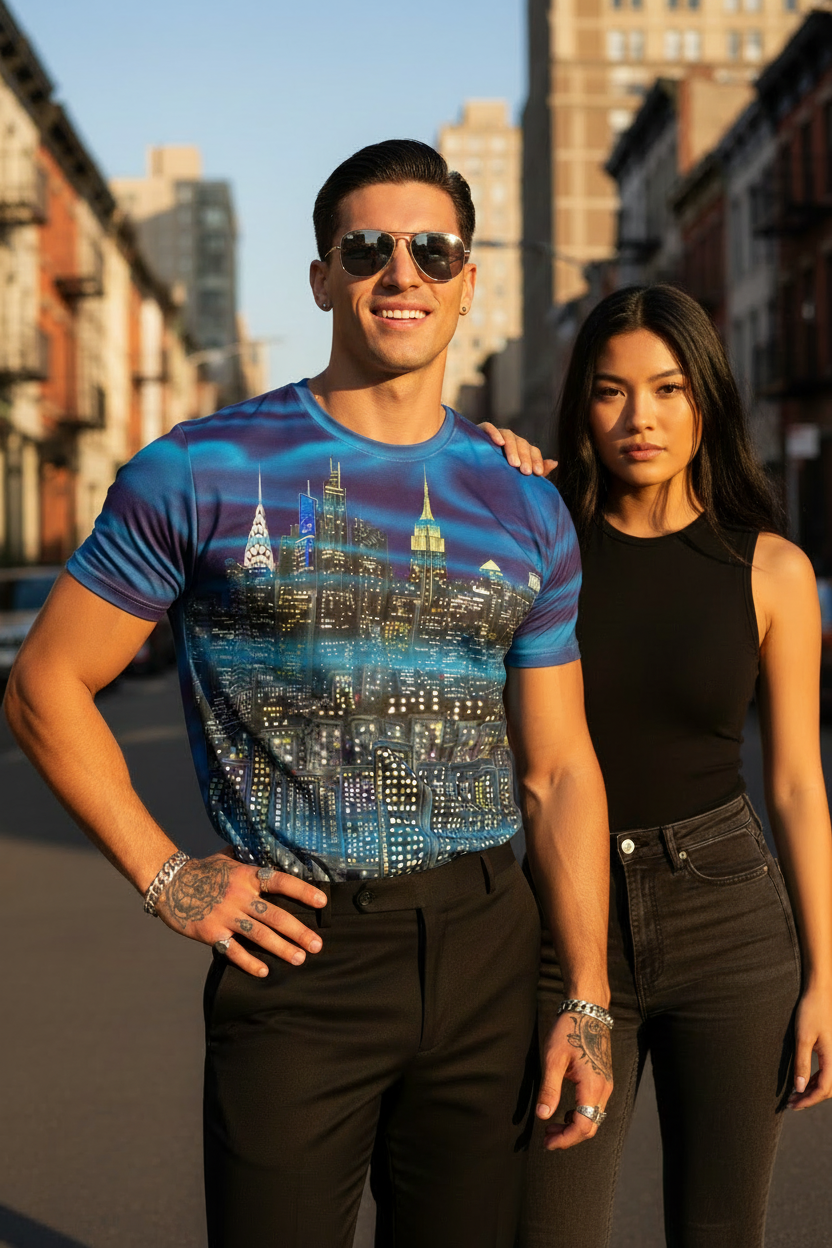 Two people standing on a city street with a man wearing a blue Loria NYC ART cityscape t-shirt.