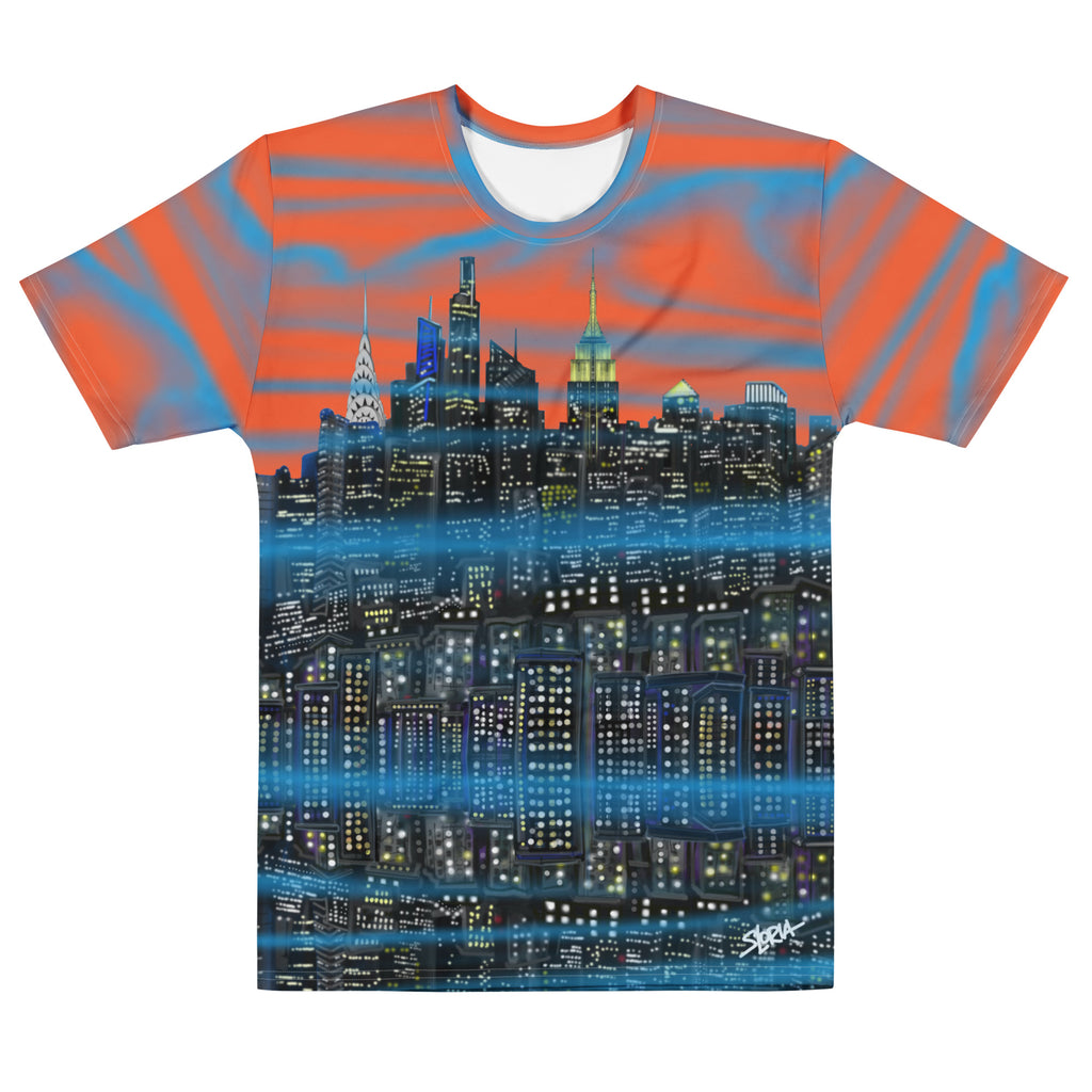 T-shirt with a cityscape Loria NYC Art design on a white background