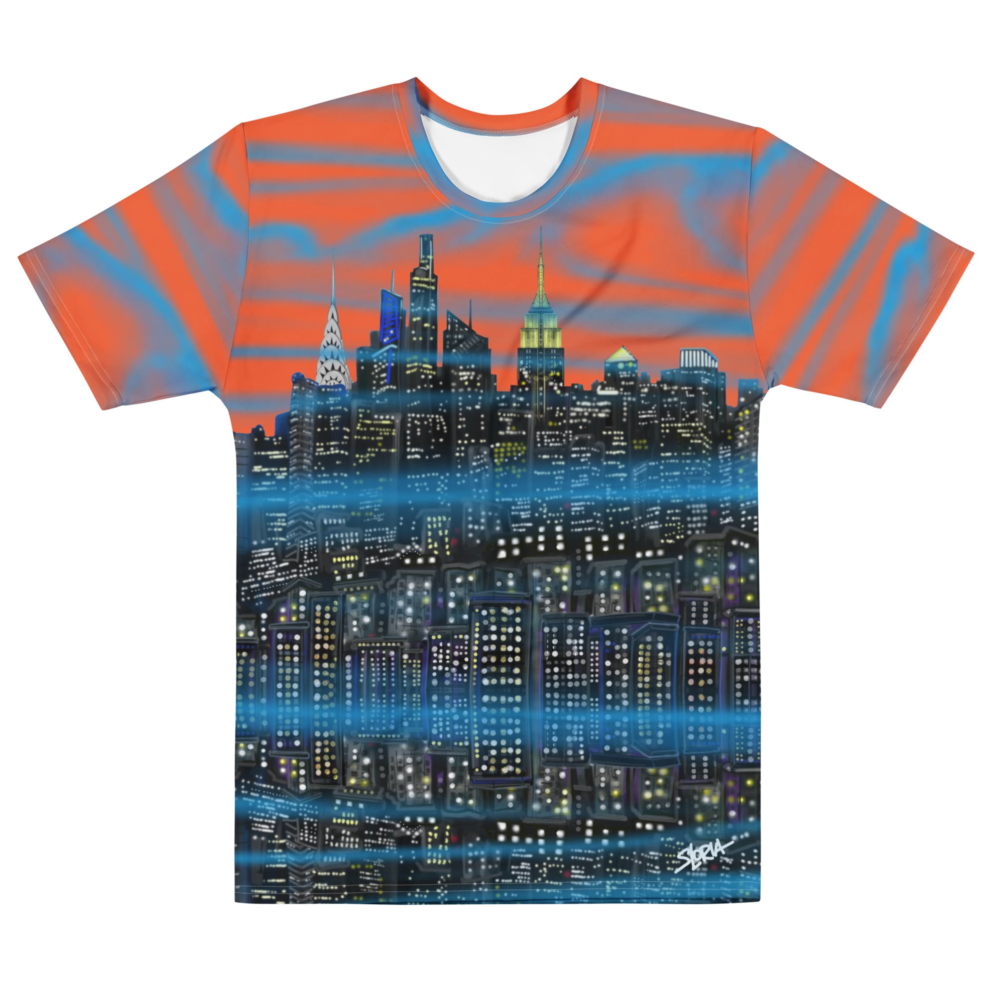 T-shirt with a cityscape Loria NYC Art design on a white background