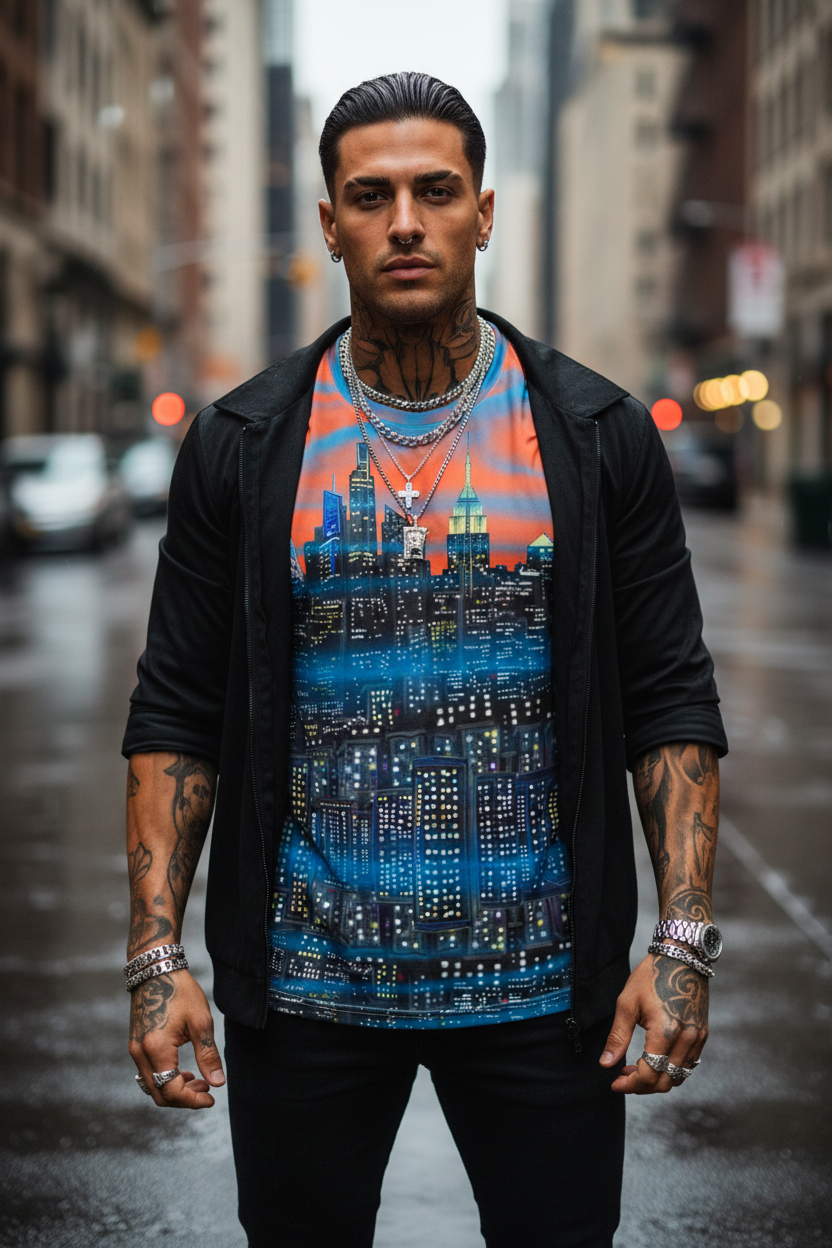 Man wearing a colorful Loria NYC Art cityscape t-shirt on a city street