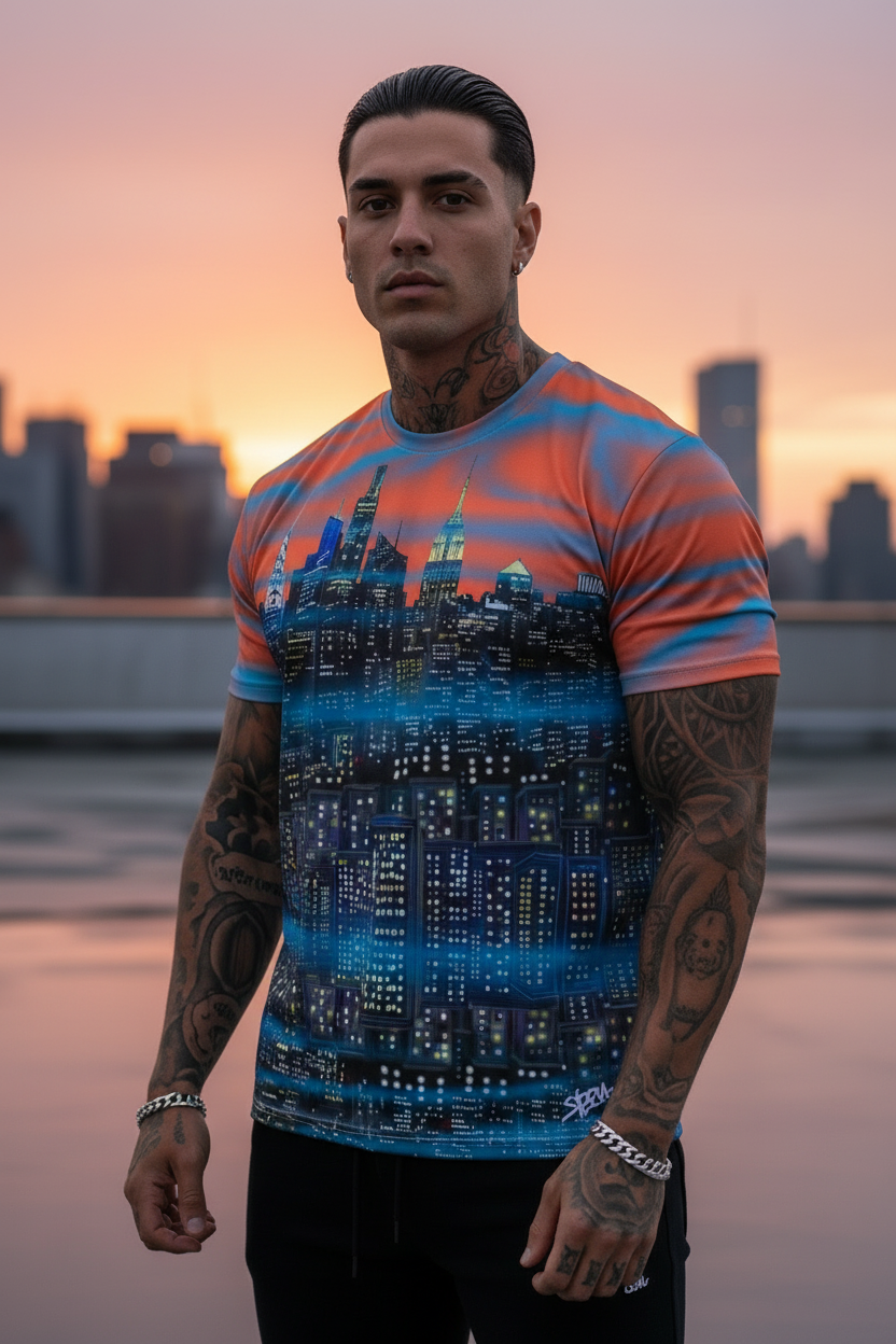 Man wearing a colorful Loria NYC Art t-shirt with a cityscape design against a sunset skyline.