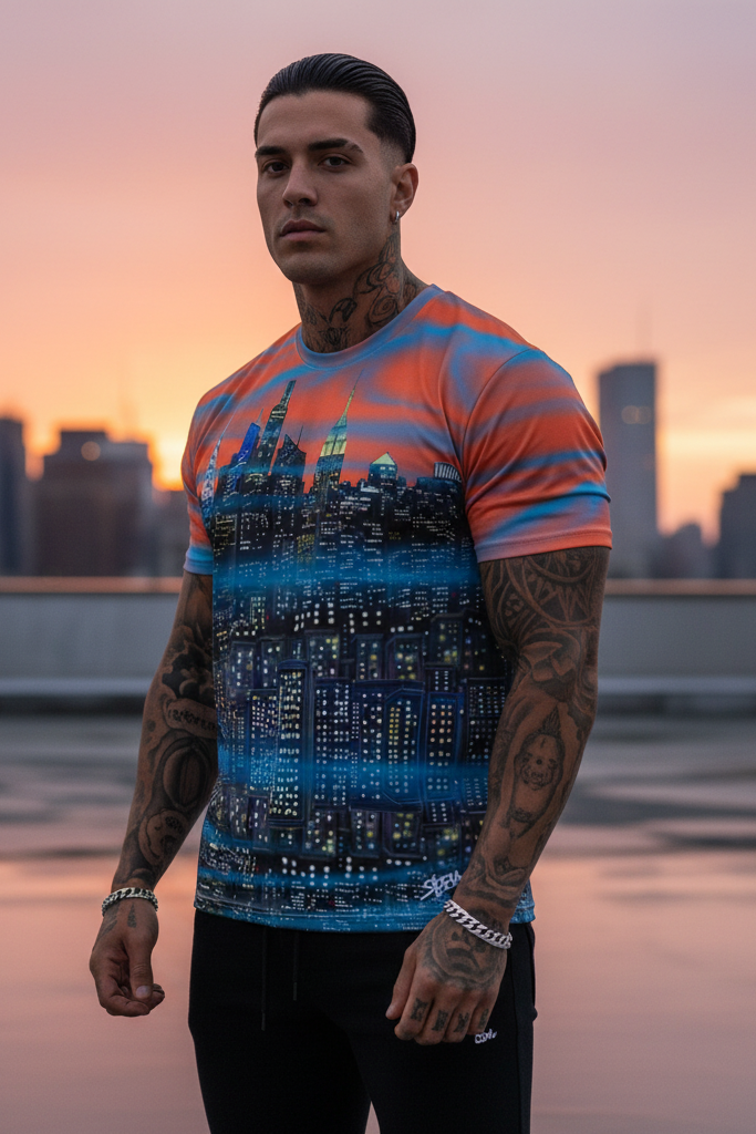Man wearing a colorful t-shirt with a Loria NYC Art cityscape design on a rooftop at sunset.