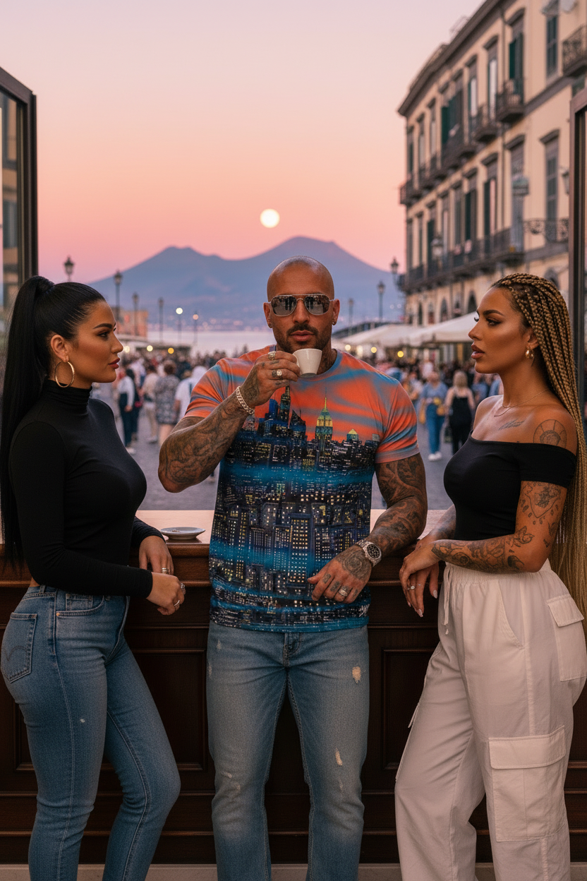 Man wearing an orange Loria NYC Art shirt with people standing together with a scenic background of mountains and sunset.