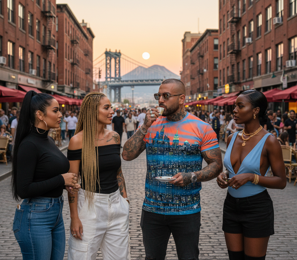 Man wearing orange cityscape Loria NYC Art shirt with friends standing together on a city street with a sunset and bridge in the background. 