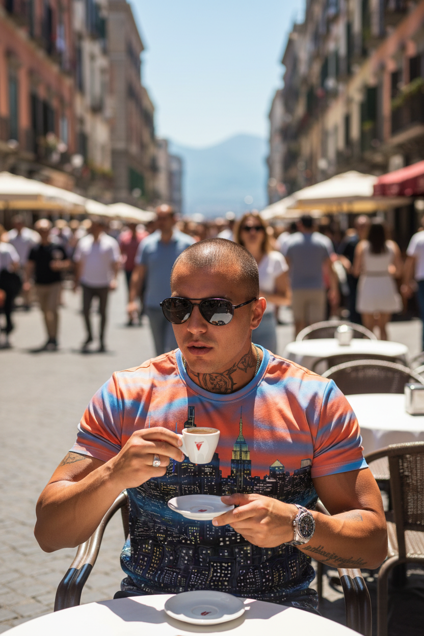 Man in colorful Loria NYC Art shirt and sunglasses drinking coffee outdoors in a busy street.