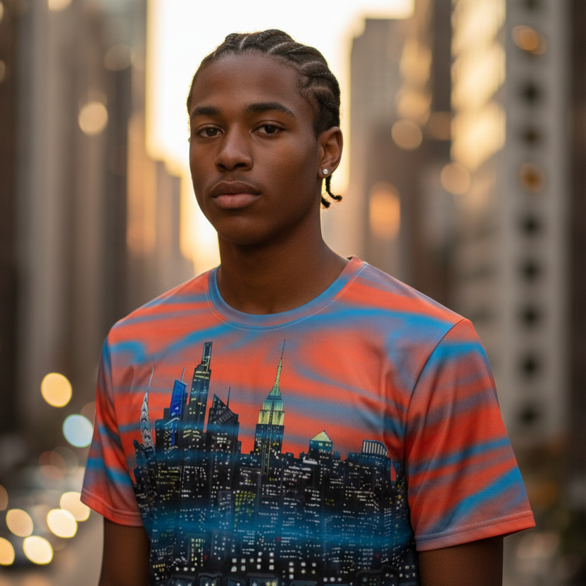 Person wearing a colorful Loria NYC Art t-shirt with a cityscape design in an urban setting