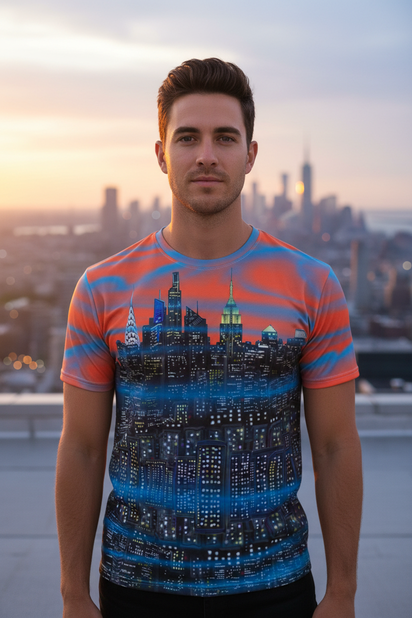 Man wearing a colorful Loria NYC Art cityscape t-shirt with a city skyline in the background.