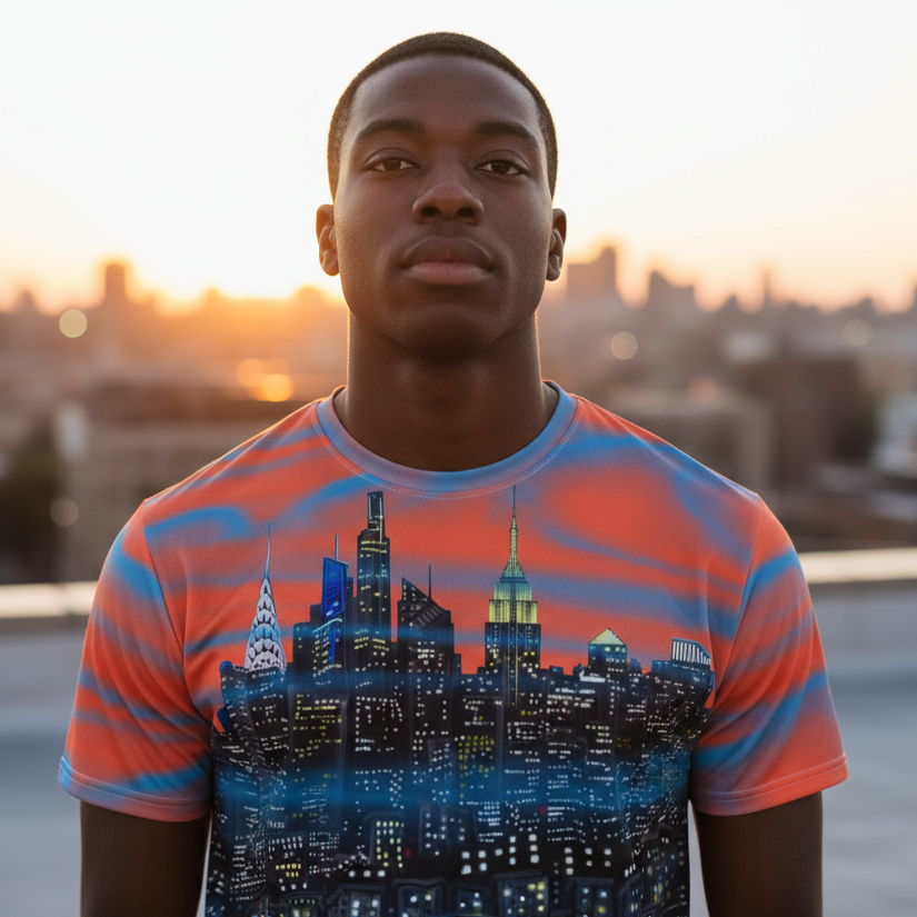 Man wearing a colorful Loria NYC Art t-shirt with a cityscape design on a rooftop at sunset.