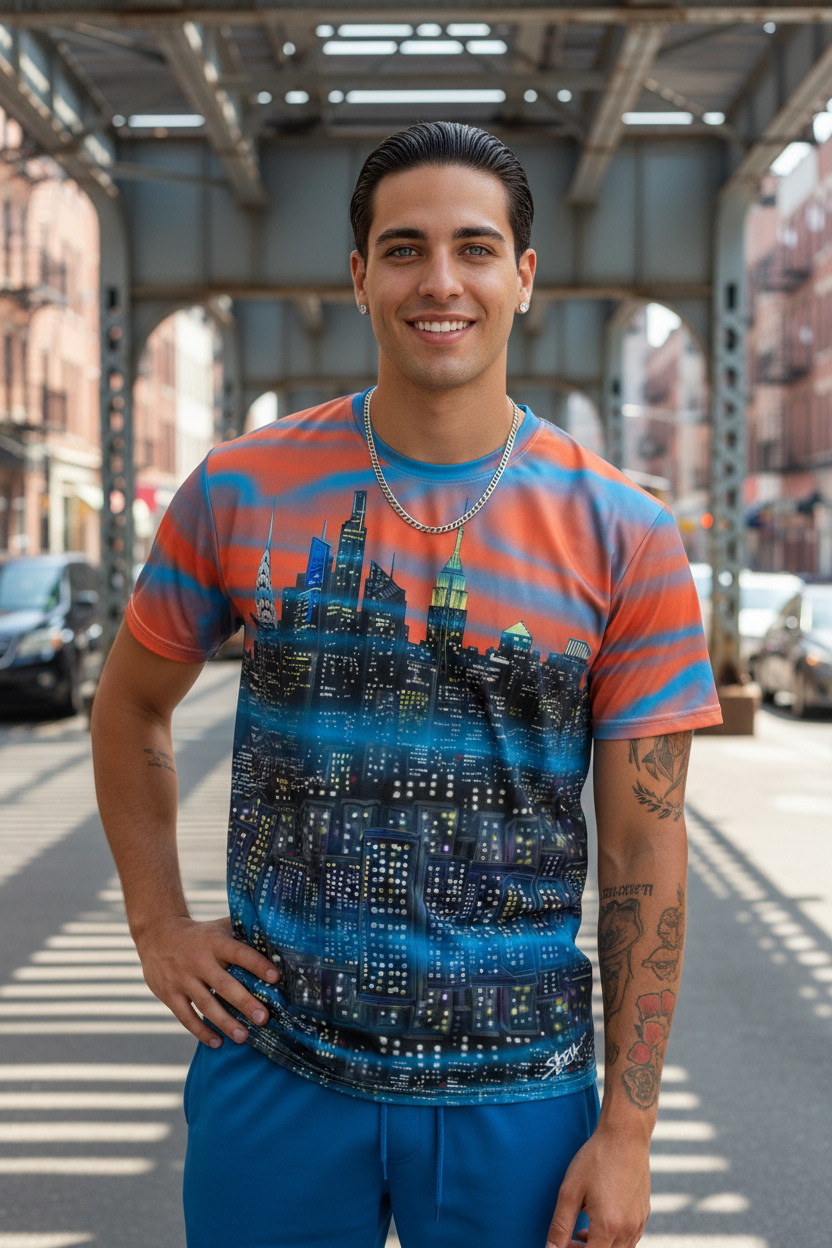 Man wearing a colorful t-shirt with a cityscape Loria NYC Art design on a street.