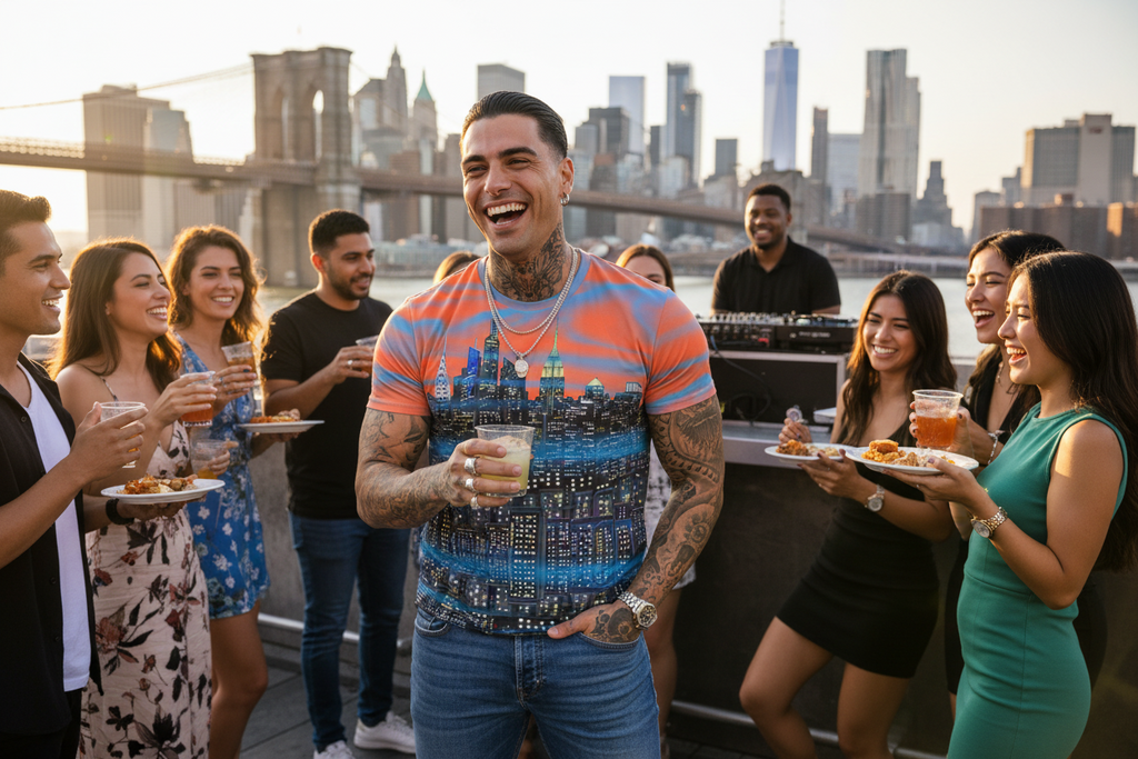 Man wearing an orange Loria NYC Art shirt enjoying a rooftop party with a city skyline in the background