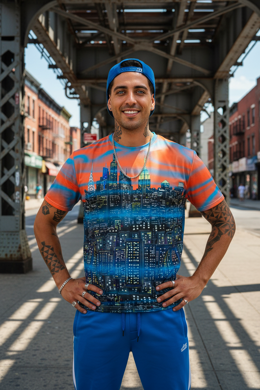 Man wearing a colorful Loria NYC Art shirt and blue pants standing on a street with a bridge in the background