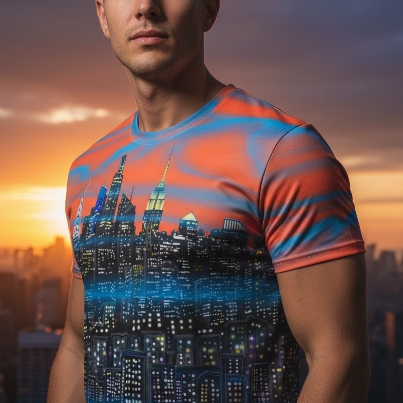 Person wearing a t-shirt with a Loria NYC Art cityscape design against a sunset skyline