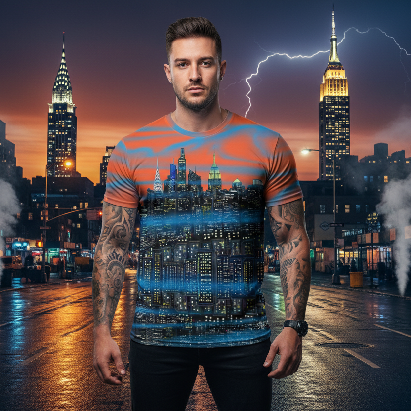 Man wearing a t-shirt with a Loria NYC Art cityscape design, standing in front of a city skyline with lightning.