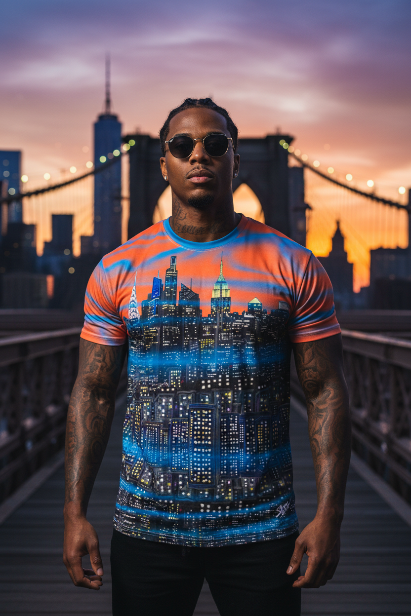 Person wearing a colorful Loria NYC Art cityscape t-shirt with a city skyline in the background.