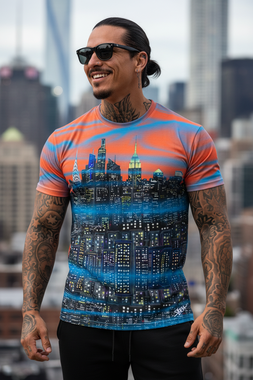 Man wearing a colorful t-shirt with a cityscape Loria NYC Art design, standing in front of a city skyline.
