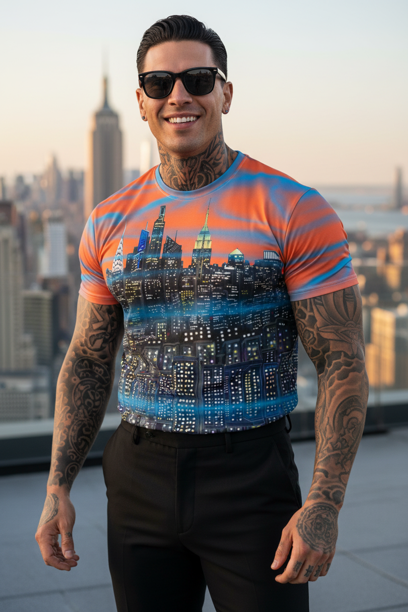 Man wearing a colorful t-shirt with a cityscape Loria NYC Art design, standing on a rooftop with a city skyline in the background.