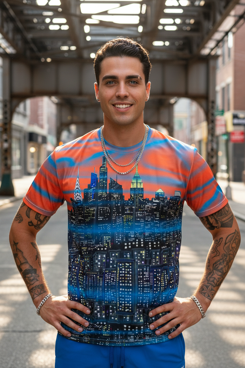 Man wearing a colorful Loria NYC Art  t-shirt with a cityscape design on a street.