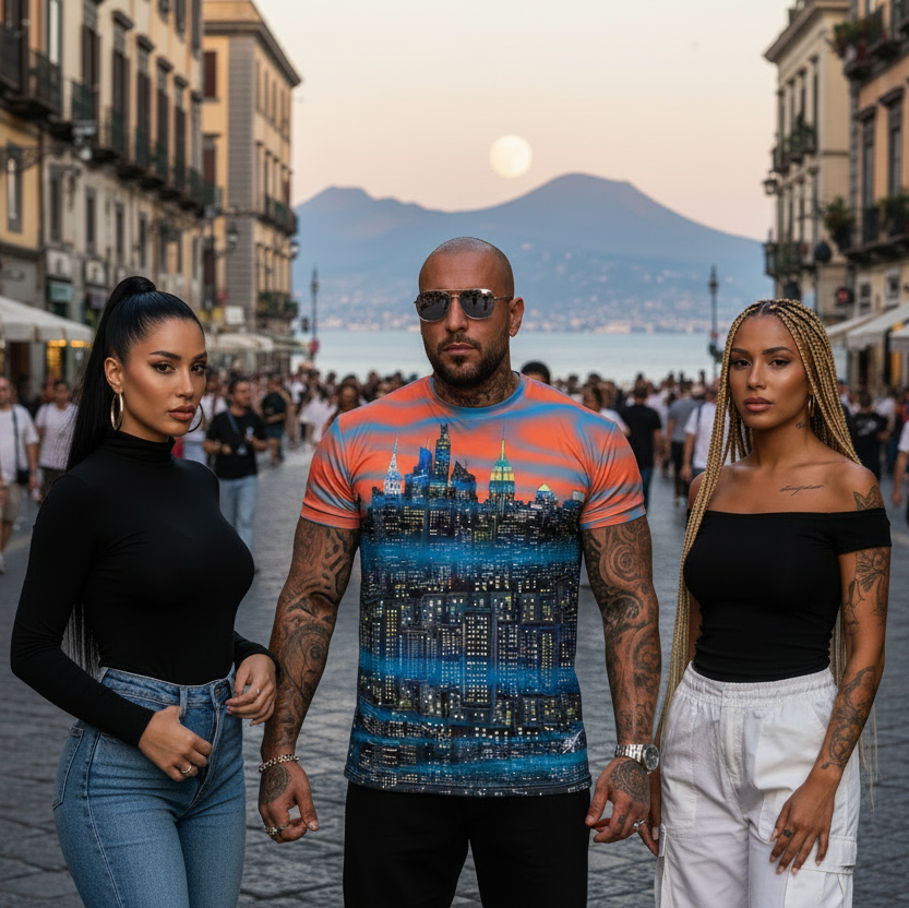 Man wearing an orange Loria NYC Art shirt on a street with two girls and mountains in the background