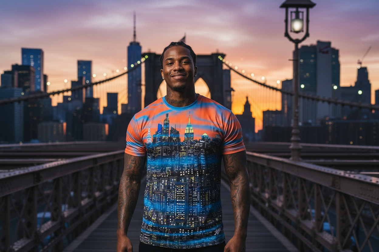 Man standing on Brooklyn Bridge wearing a colorful Loria NYC Art tee shit with a sunset in the background.